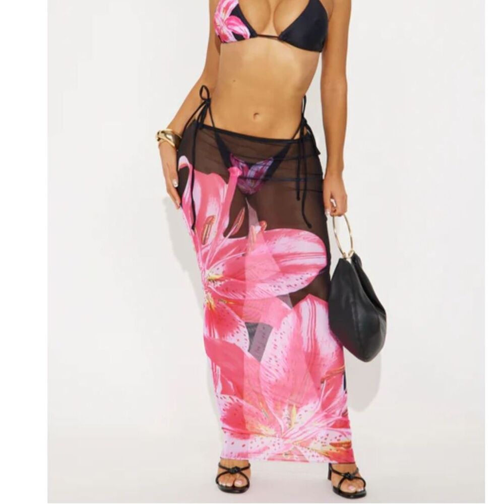 Sheer Black & Pink Tiger Lily Tie Sarong, XL  Summer Beach Swimwear Coverup